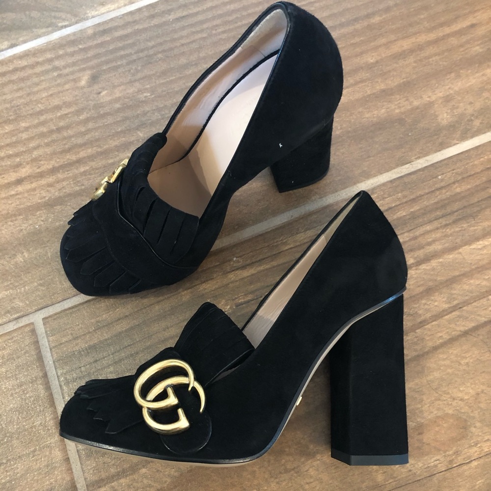 GUCCI Marmont GG Black Suede Fringe Loafer Heel 34 - Picture 6 of 8